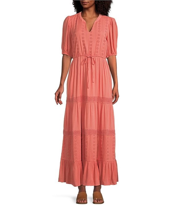 Color:Melon - Image 1 - by Westbound V-Neck Elbow Sleeve Eyelet A-Line Maxi Dress