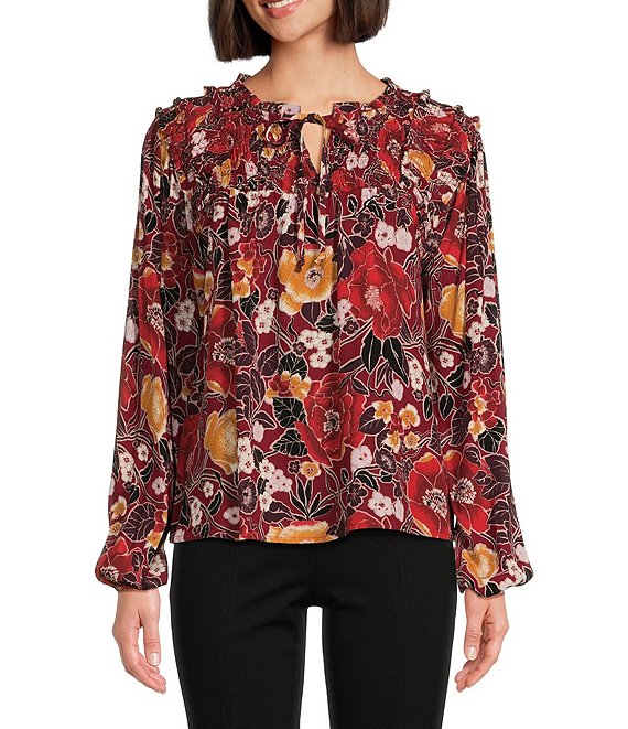 Nurture by Westbound Woven Long Sleeve Floral Keyhole V-Neck Blouse ...