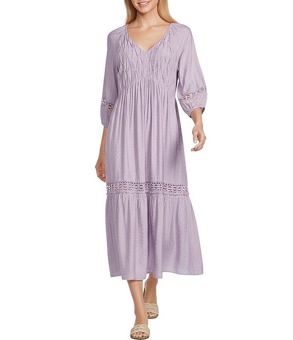 Nurture Crinkle Dobby Smocked 3/4 Sleeve V-Neck Maxi Dress