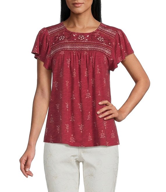 Nurture Embroidered Short Flutter Sleeve Crew Neck Knit Top