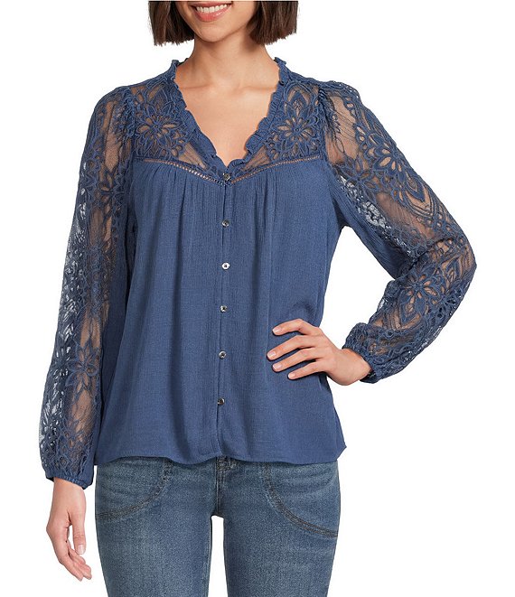 Nurture Mixed Media Lace Y-Neck Long Sleeve Top, Dusk - Image 1