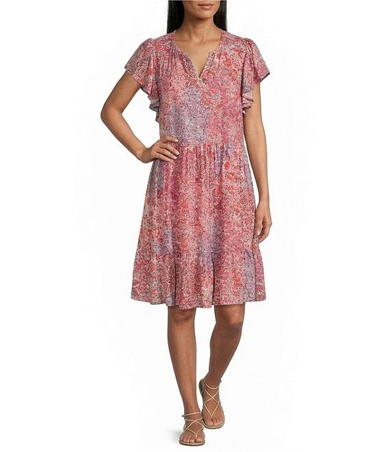 Nurture Patchwork Flutter Sleeve V-Neck Dress