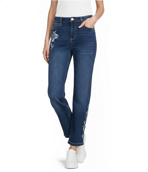 Nurture Petite Mid Rise Embroidered Straight Ankle Jeans
