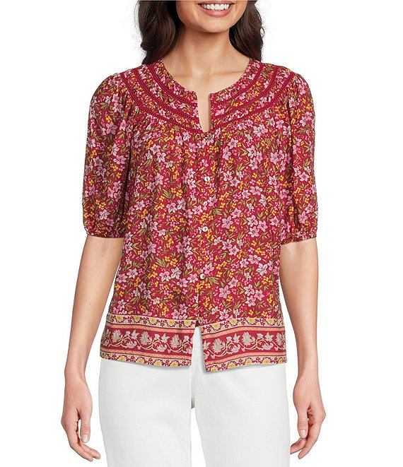 Nurture Petite Size Button Front Elbow Sleeve Y-Neck Top