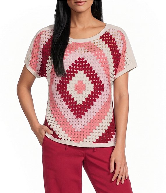 Nurture Petite Size Short Sleeve Crochet Pullover