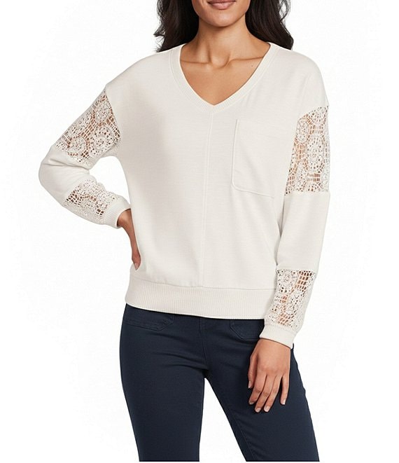 Nurture Solid V-Neck Long Sleeve Drop Shoulder French Terry Knit Lace Detail Ribbed Pullover