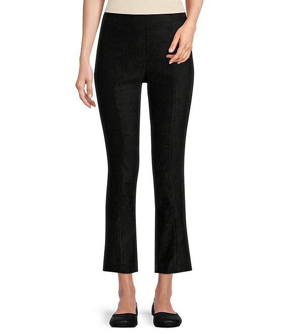 Color:Black - Image 1 - Faux Suede Flat Front Cropped Flare Pull-On Pants
