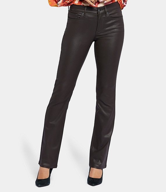 Color:Cordovan Coated - Image 1 - Marilyn Mid Rise Straight Leg Coated Denim 5-Pocket Jeans
