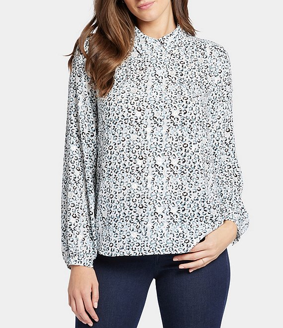 NYDJ Modern Woven Printed Point Collar Long Sleeve Button-Front Blouse ...