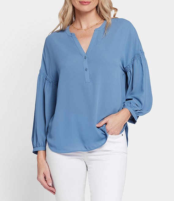 NYDJ Paulina Peasant Split V Neckline Woven Button Front Blouse | Dillard's