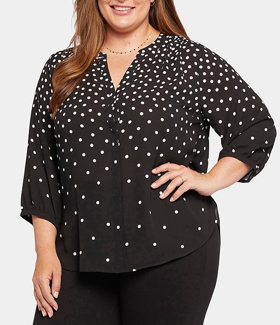 NYDJ Plus Size Dot Print Y Neck 3 4 Sleeve Pintuck Pleated Back