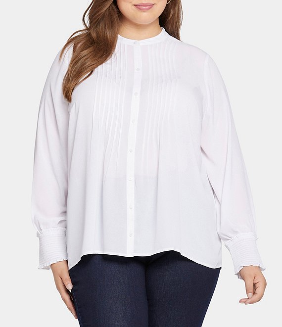 NYDJ Plus Size Pleated Front Detail Band Collar Long Sleeve Button