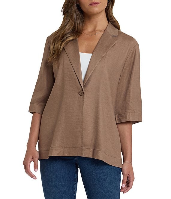 NYDJ Stretch Linen Blend Notch Collar Elbow Sleeve Single Button Blazer