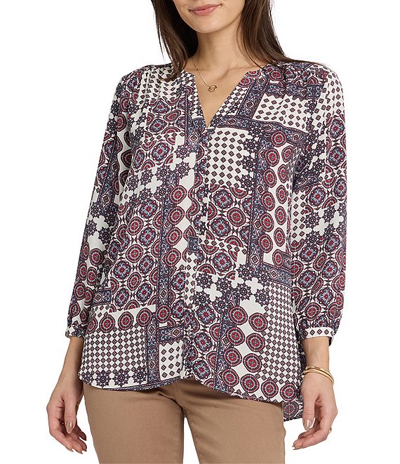NYDJ Woven Floral Split V-Neck Button Front 3/4 Sleeve Blouse