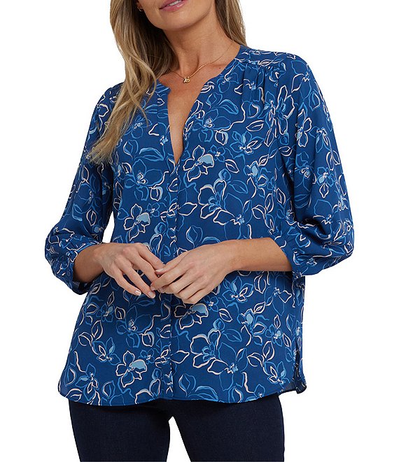NYDJ Woven Floral Split V-Neck Button Front 3/4 Sleeve Blouse, Fleurs Multi - Image 1