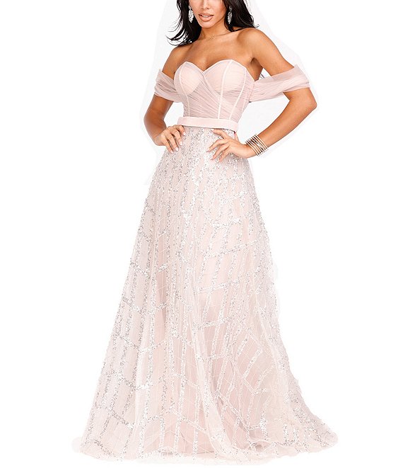 Color:Light Blush - Image 1 - Off-The-Shoulder Illusion Bodice Beaded Glitter Ball Gown