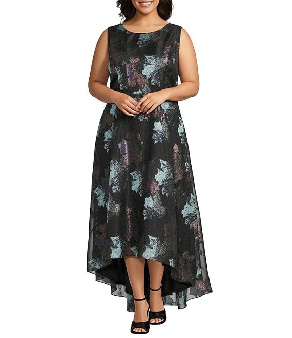 Oleg Cassini Plus Size Printed Metallic Brocade Crew Neck Sleeveless Hi-Low A-Line Gown, Black/Multi - Image 1