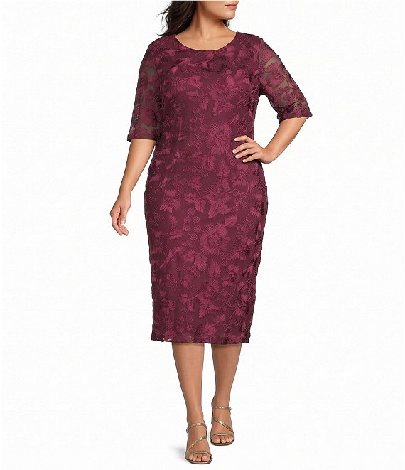 Oleg Cassini Plus Size Soutache Mesh Elbow Sleeve Midi Dress