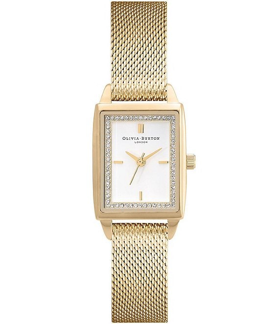 Color:Gold - Image 1 - Rectangle Quartz Analog White Dial Gold Stainless Steel Mesh Bracelet Watch