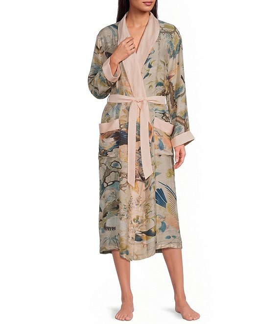 One Hundred Stars Hummingbird Print Long Sleeve Wrap Robe