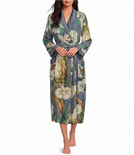 One Hundred Stars Rhodoleia Floral Print Long Sleeve Long Wrap Robe