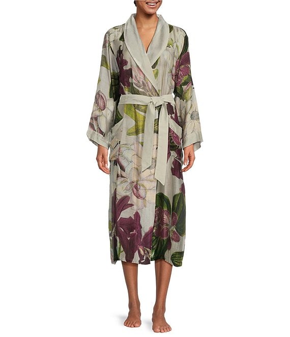 One Hundred Stars Woven Protea Print Long Sleeve Wrap Robe | Dillard's