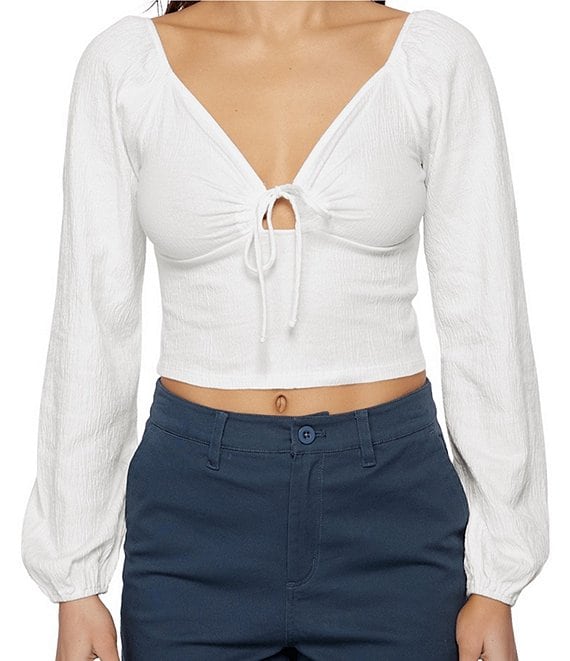 Color:Winter White - Image 1 - Brinley Long Sleeve Tie Front Smocked Back Knit Crop Top