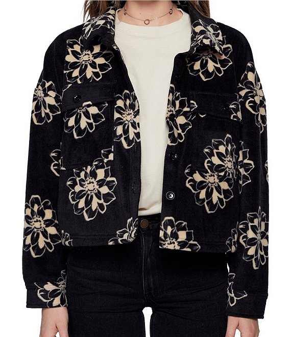 Color:Black - Image 1 - Colleen Collar Long Sleeve Floral Sherpa Jacket