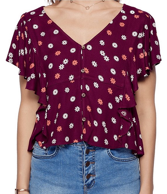 Color:Plum - Image 1 - Maggy V-Neck Ruffle Sleeve Front Button Floral Print Top