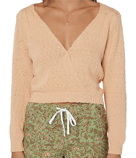 Color:Blush - Image 1 - Seaside V-Neck Long Sleeve Knit Faux-Wrap Cropped Sweater