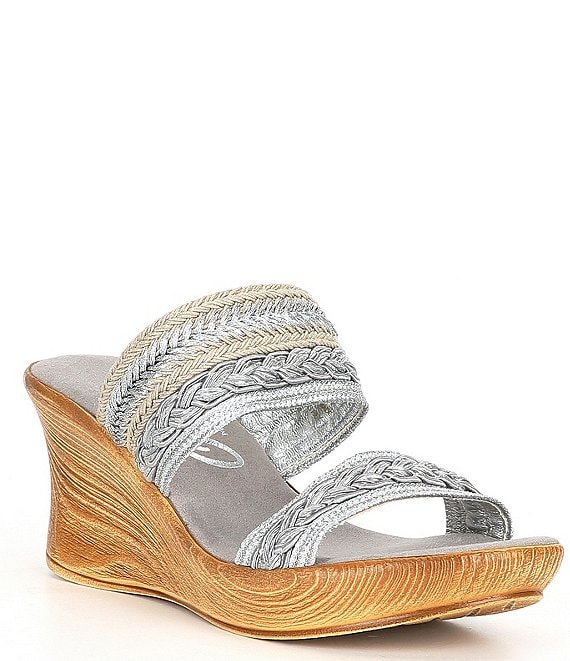 Color:Silver - Image 1 - Tabitha Braided Raffia Metallic Wedge Slide Sandals