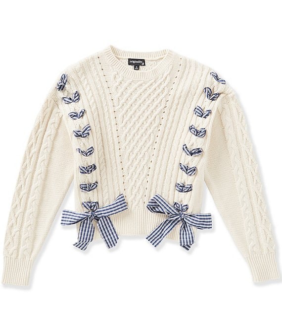 Originality Big Girls Long Sleeve Cable Lace Up Bow Pullover