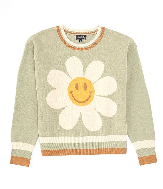 Color:Sage/Ivory - Image 1 - Big Girls 7-16 Long Sleeve Daisy Smiley Sweater