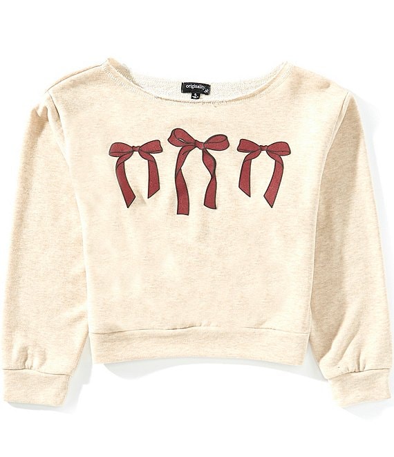 Originality Big Girls Long-Sleeve Off-The-Shoulder Bow-Printed Fleece Sweatshirt