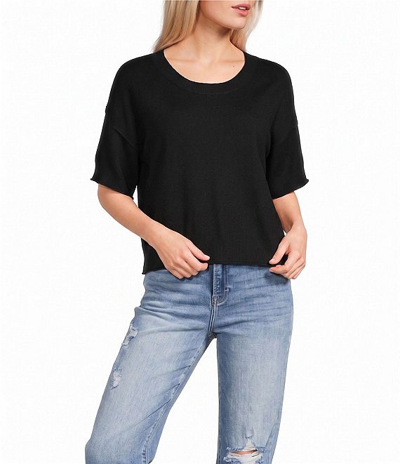 Originality Solid Short Sleeve Cropped Boxy Sweater Top