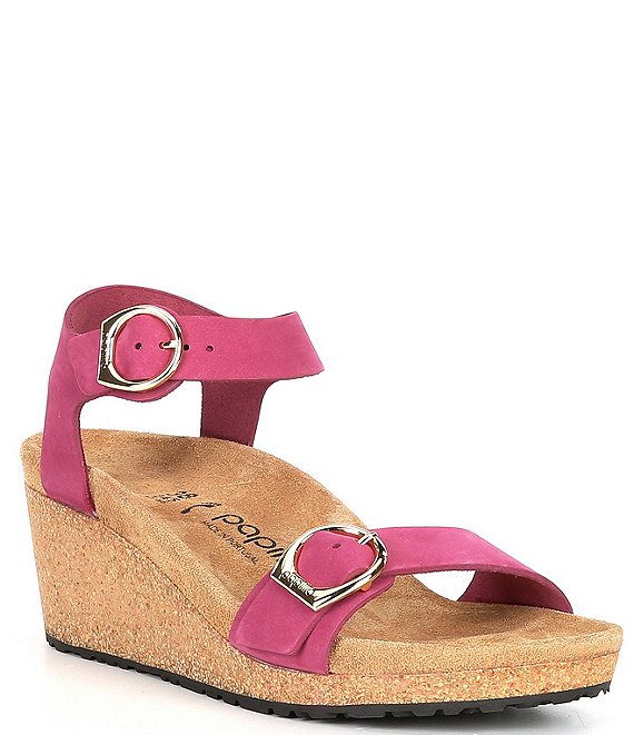 Color:Boysenberry - Image 1 - Papillio by Birkenstock Soley Suede Nubuck Ankle Strap Wedges