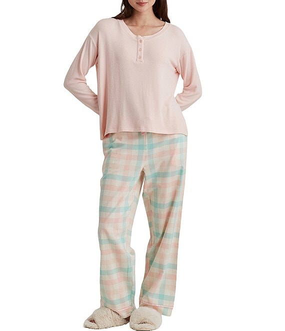 Papinelle Solid Knit Henley Top & Brushed Cotton Plaid Pant Pajama
