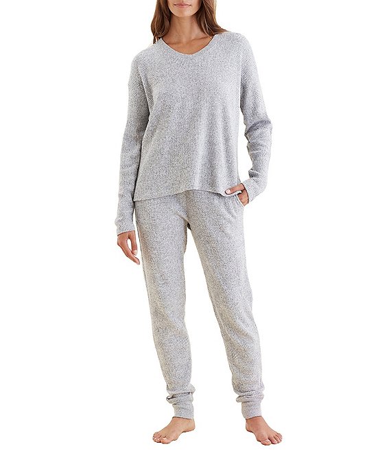 Papinelle Waffle Textured Long Sleeve V-Neck Knit Coordinating Lounge Set, Grey - Image 1