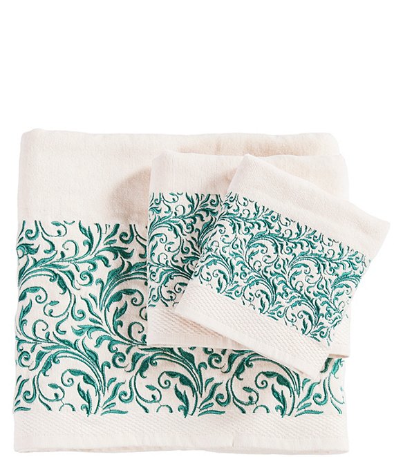 Color:Cream - Image 1 - Paseo Road by HiEnd Wyatt Embroidered Turquoise Scroll Pattern 3-Piece Bath Towel Set
