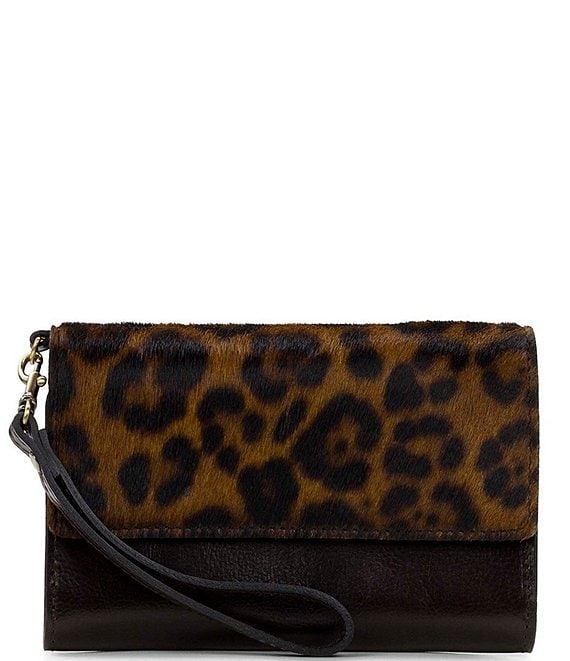Leopard clutch leather wristlet, brown leopard wristlet, black