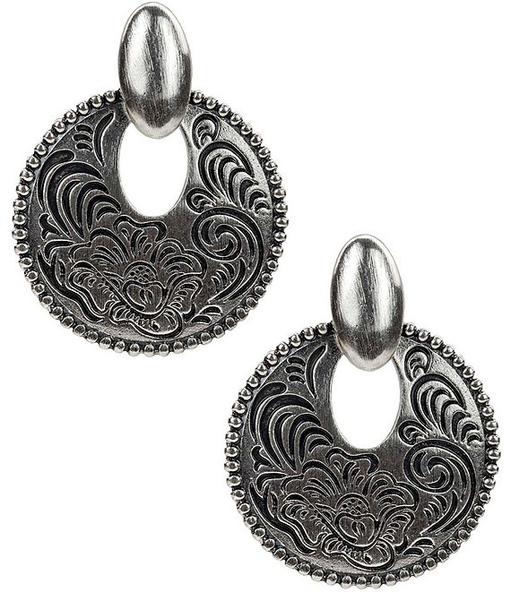 Patricia Nash The Etched Tooling Flat Puffy Orbital Drop Earrings, Silver - Image 1