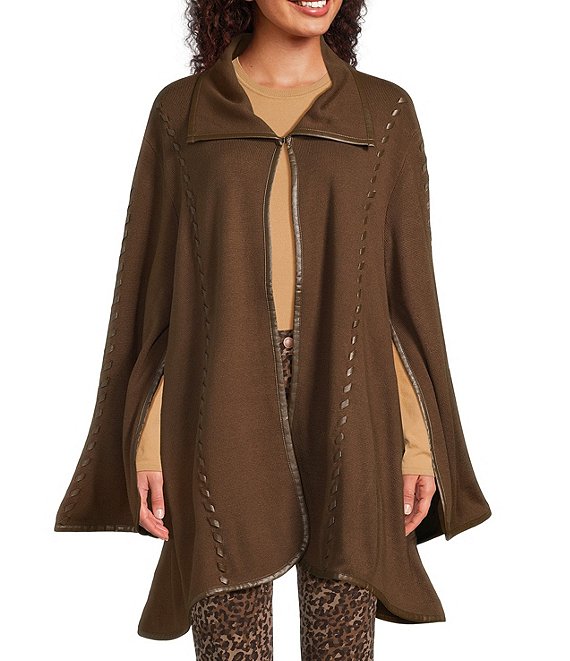 Patricia Nash Vgan Leather Trim Embroidered Cape, Mushroom - Image 1
