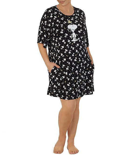 Color:Black Print - Image 1 - Plus Size Knit Snoopy Toss Short Sleeve Round Neck Short Sleepshirt