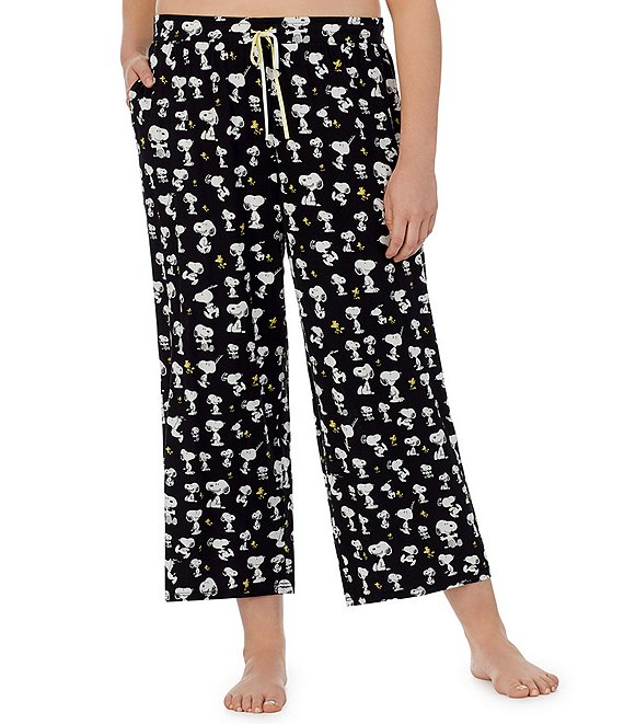 Peanuts Plus Size Snoopy & Woodstock Print Knit Drawstring Crop Coordinating Sleep Pants
