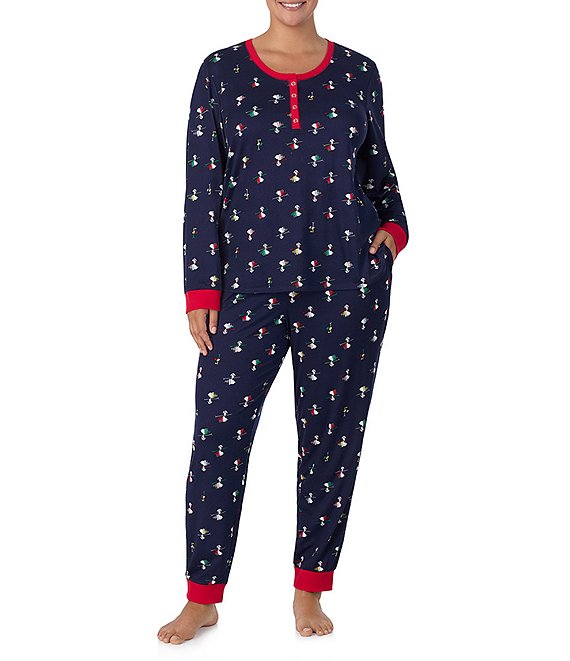 Peanuts Plus Size Snoopy Ski Print Long Sleeve Henley Jogger Cozy Jersey Holiday Pajama Set