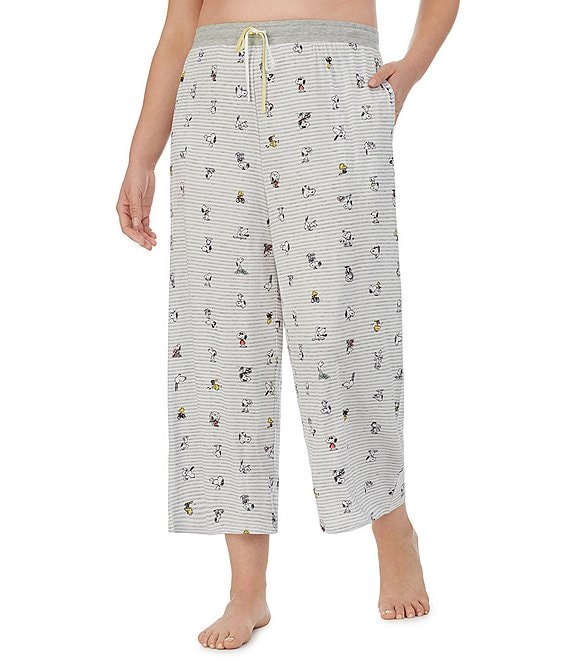 Peanuts Plus Size Striped Snoopy Print Knit Drawstring Crop Coordinating Sleep Pants