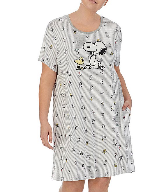 Peanuts Plus Striped Snoopy And Woodstock Applique Novelty Print Short Sleeve Knit Nightgown