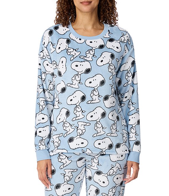 Peanuts Snoopy Print Long Sleeve Crew Neck Fleece Coordinating Sleep Top