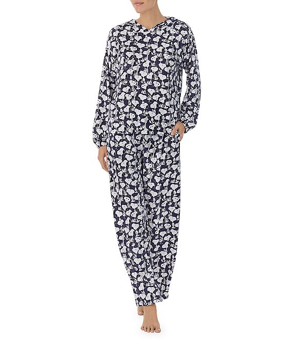 Color:Grey Print - Image 1 - Snoopy Print Long Sleeve Knit Pajama Set