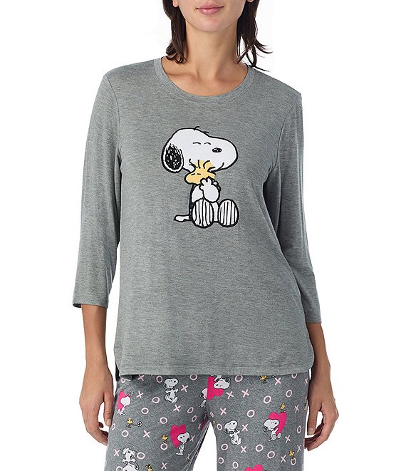 Peanuts Solid Jersey Knit 3/4 Sleeve Round Neck Snoopy Applique Coordinating Valentine's Day Sleep Top